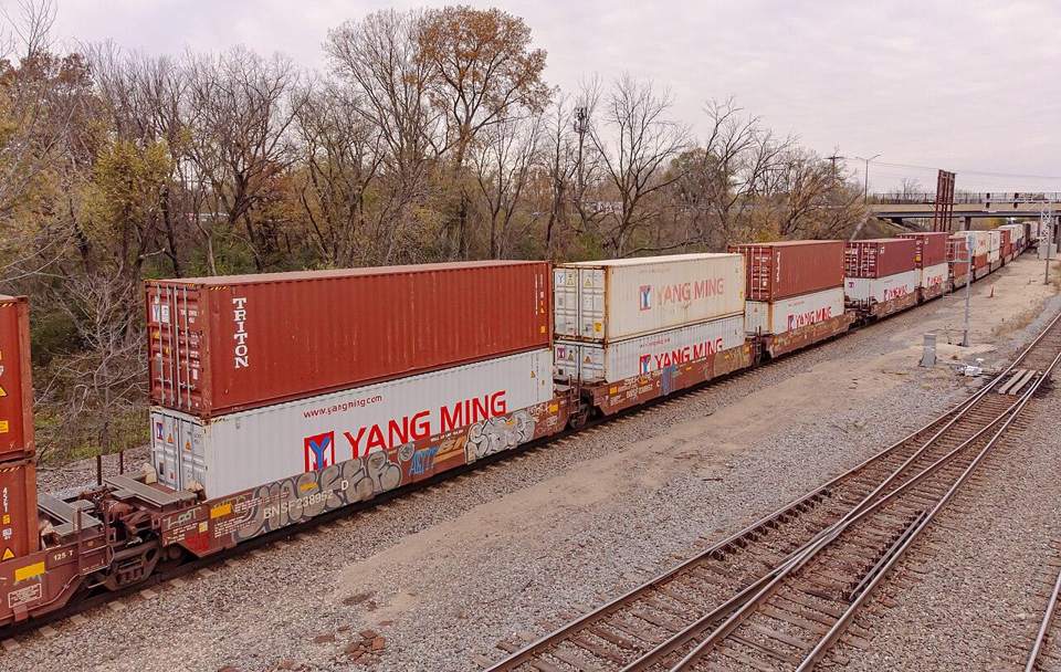 Intermodal train carrying shipping containers