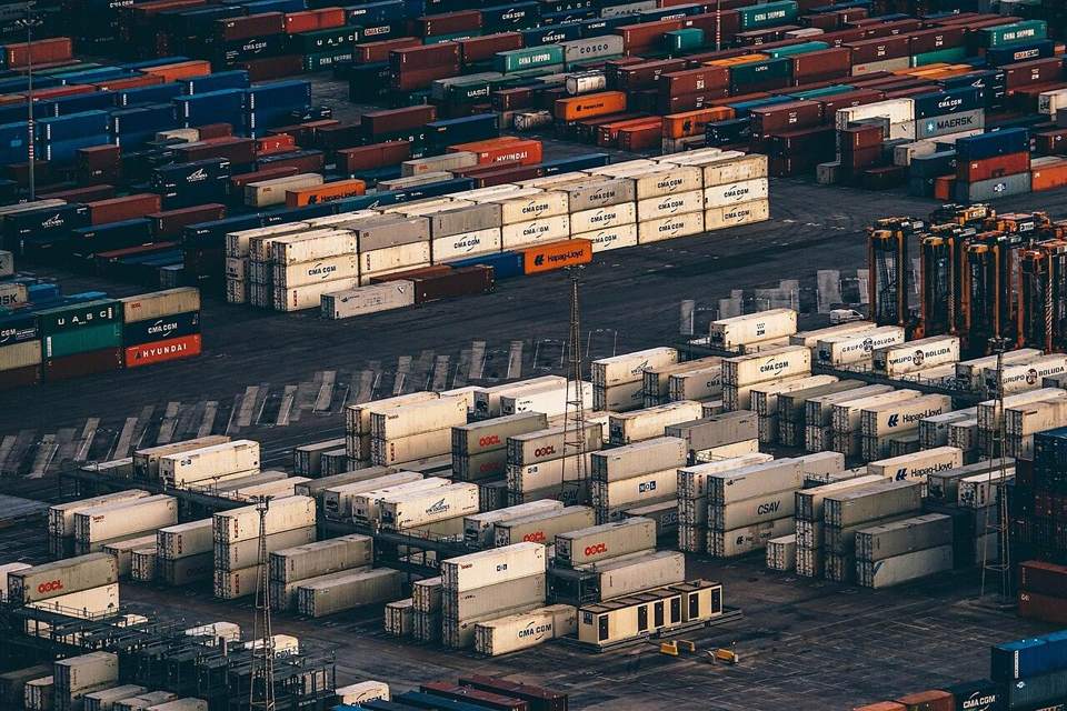 Rows of stacked shipping containers